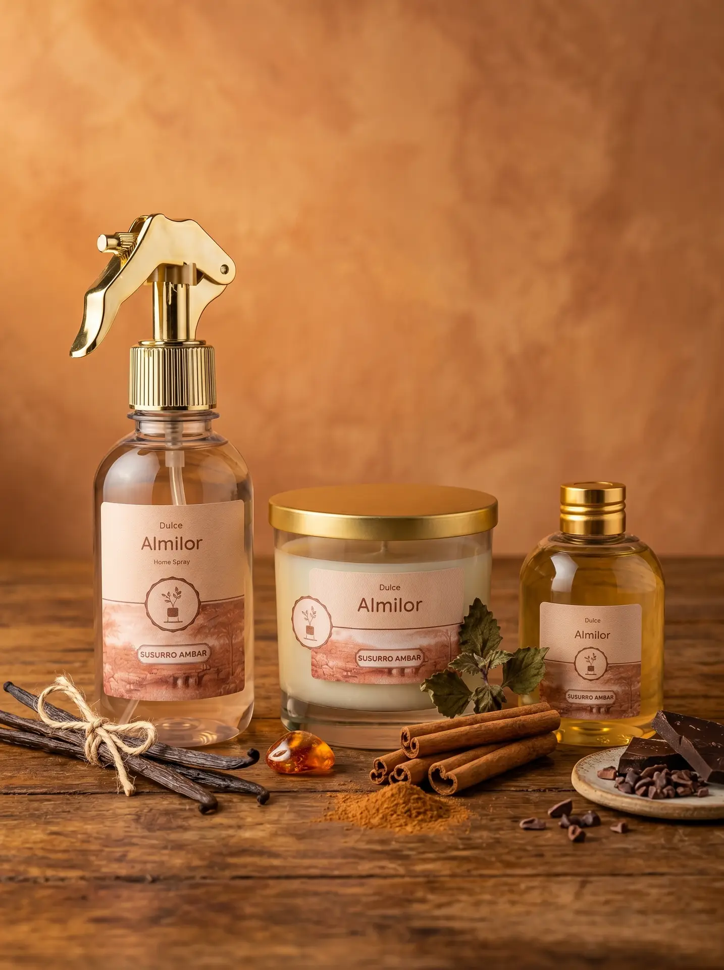 Vela artesanal Susurro Ámbar de Dulce Almilor — vainilla, canela, cacao y sándalo ambarino
